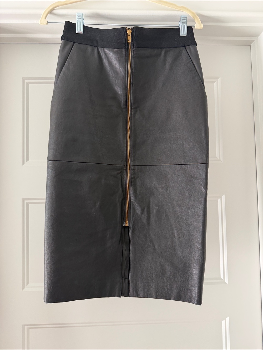 A.L.C. Black Faux Leather Zip-Front Pencil Skirt with Gold Zip